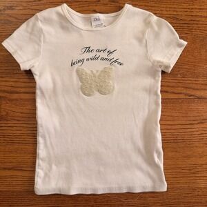 Zara Girls Ribbed Graphic Pearl Embellished T-Shirt Size 13/14